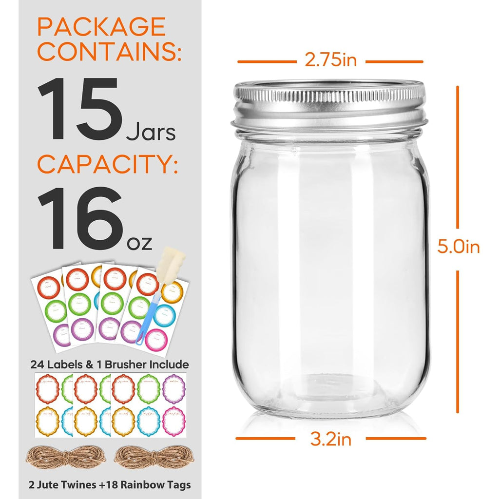 Glass Mason Jars 16 oz with Airtight Lids and Bands - 15 Pack Regular Mouth Pint Canning Jars for Pickling, Meal Prep, Overnight Oats, Dry Food & DIY Crafts - Includes 24 Stickers & Brush