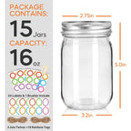 Glass Mason Jars 16 oz with Airtight Lids and Bands - 15 Pack Regular Mouth Pint Canning Jars for Pickling, Meal Prep, Overnight Oats, Dry Food & DIY Crafts - Includes 24 Stickers & Brush