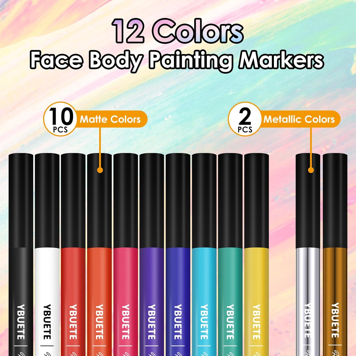 YBUETE 12 Colors Face Body Painting Markers, Water Resistance Tattoo Pen for Adults, Long-lasting and Smudge-proof Temporary Tattoo Markers for Mardi Gras Parties, SFX & Festivals