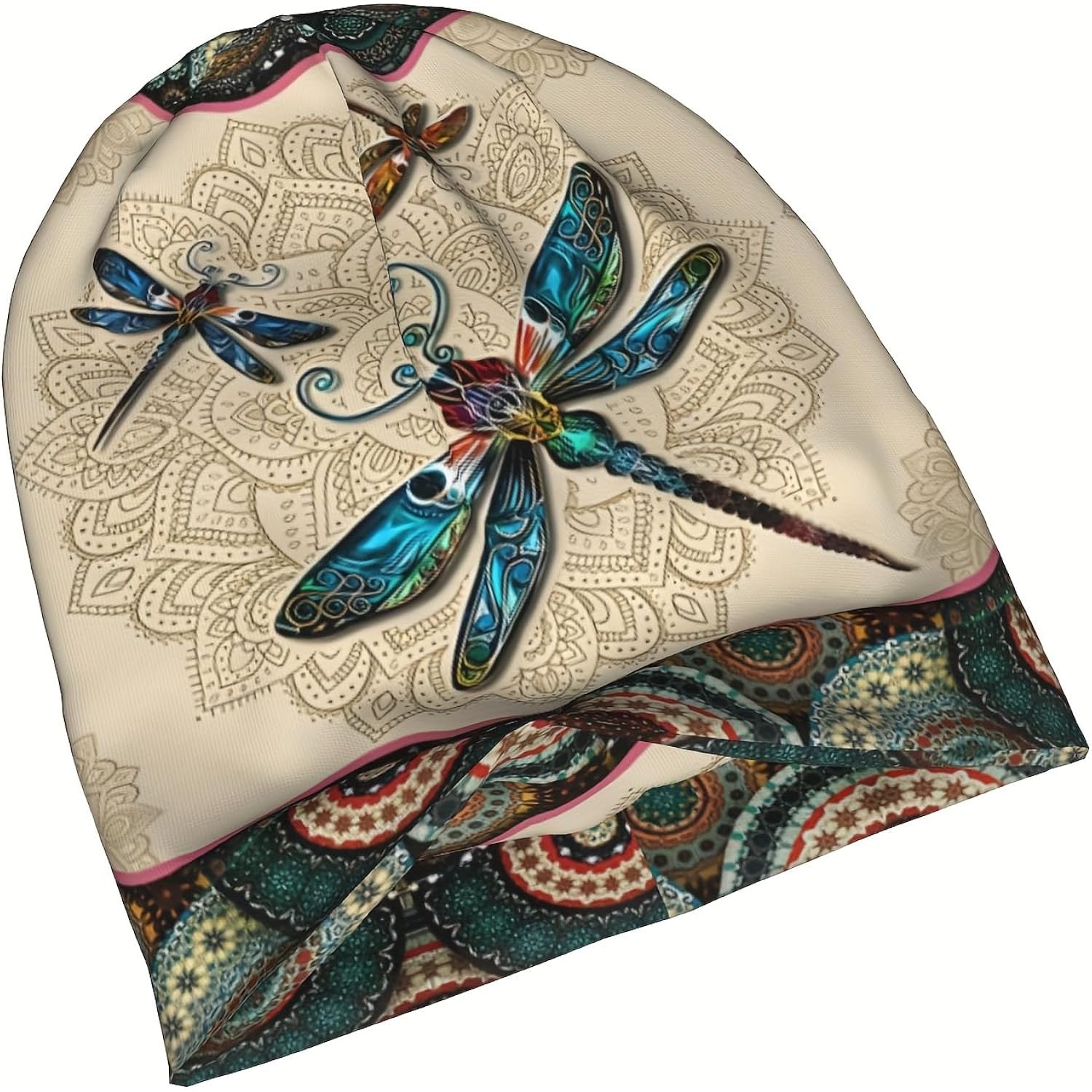 Tenna Teki Women Slouchy Beanie Chemo Hat Cancer Caps for Patient | Autumn Spring Lightweight Comfortable Breathable Beanie for Men Dragonfly Mandala Beige