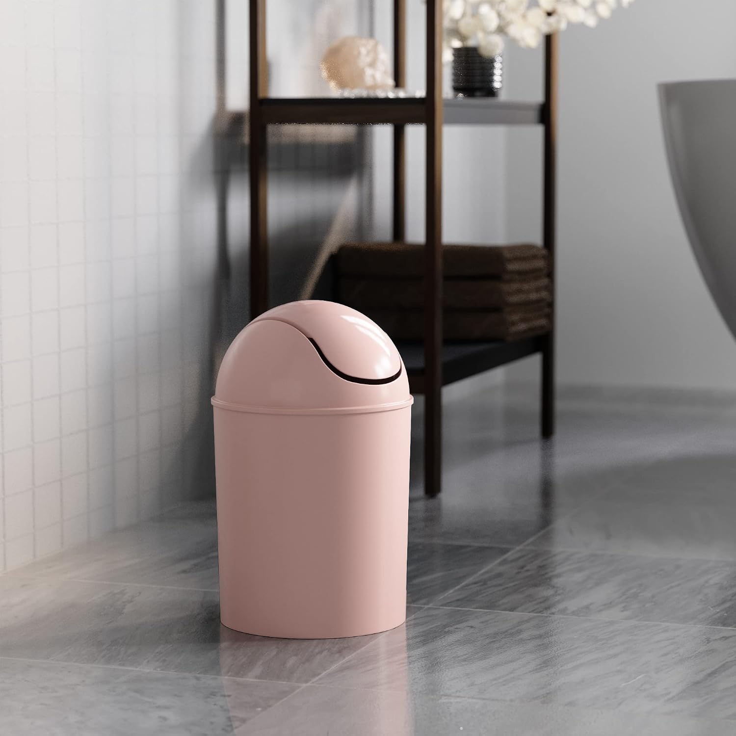 Umbra 1.25 Gallon Mini Waste Can With Removable Swing-Top Lid - Small Garbage Bin For Kitchen, Bathroom, Bedroom, Office - Compact Trash Can Fit Under Tables & Counters - Pink