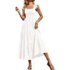 Prettygarden Womens Summer Square Neck Maxi Dresses Cap Sleeve Eyelet Smocked Tiered A Line Flowy Long Dress With Pockets