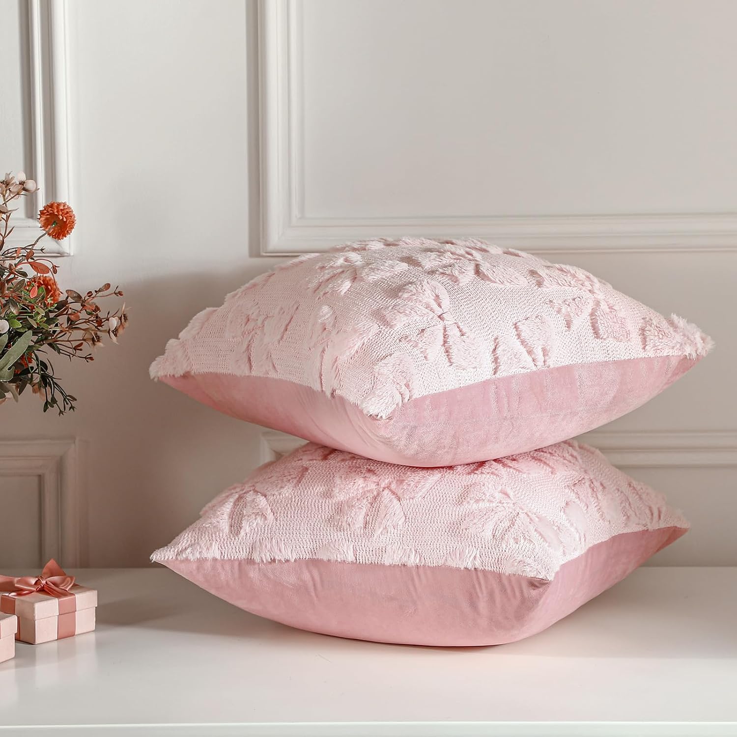 Mixweer Pink Bow Pillow Covers Set Of 2 Preppy Room Decor Coquette Cute Spring Summer Decorative Faux Fur Soft Bowknot Stuff Fluffy Plush Aesthetic Pillowcase For Bed Sofa Couch (18 X 18 Inch)
