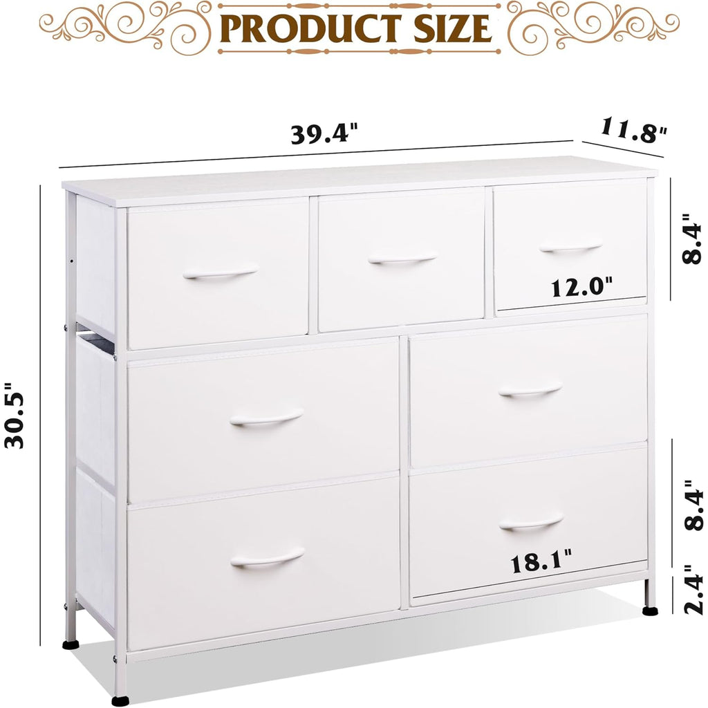 WLIVE 7 Drawer Dresser TV Stand, Dressers for Bedroom, Fabric Storage Tower, Hallway, Entryway, Closets, Sturdy Steel Frame, Wood Top, Easy Pull Handle, White
