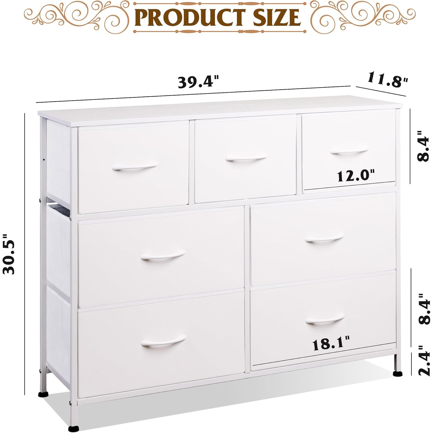 WLIVE 7 Drawer Dresser TV Stand, Dressers for Bedroom, Fabric Storage Tower, Hallway, Entryway, Closets, Sturdy Steel Frame, Wood Top, Easy Pull Handle, White