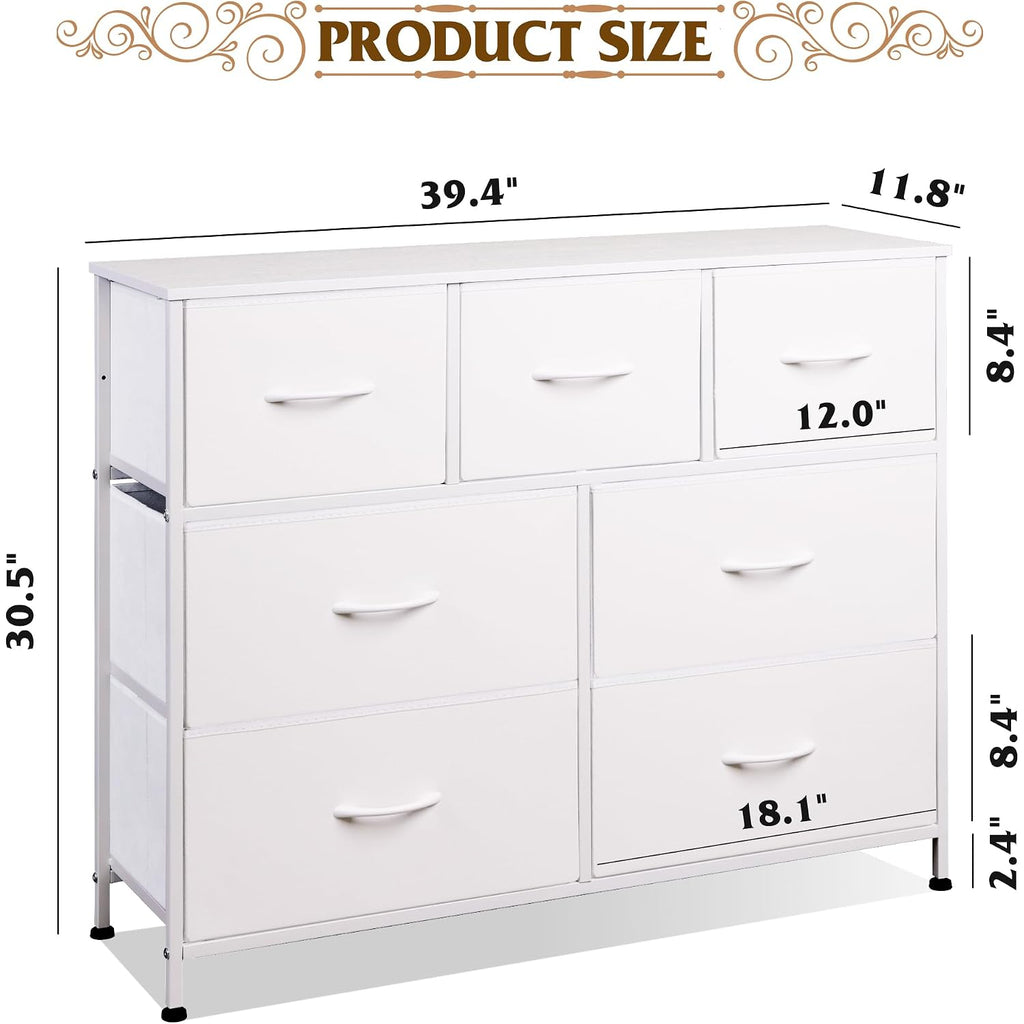 Wlive 7 Drawer Dresser Tv Stand, Dressers For Bedroom, Fabric Storage Tower, Hallway, Entryway, Closets, Sturdy Steel Frame, Wood Top, Easy Pull Handle, White