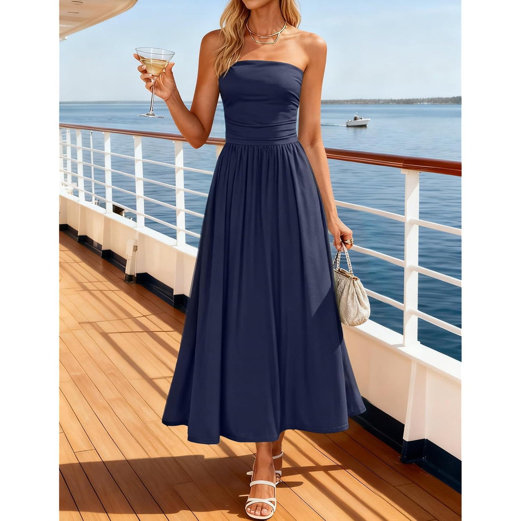 Zesica Women'S Summer Sleeveless Midi Dress 2026 Strapless Ruched A Line Flowy Wedding Guest Party Beach Long Dresses