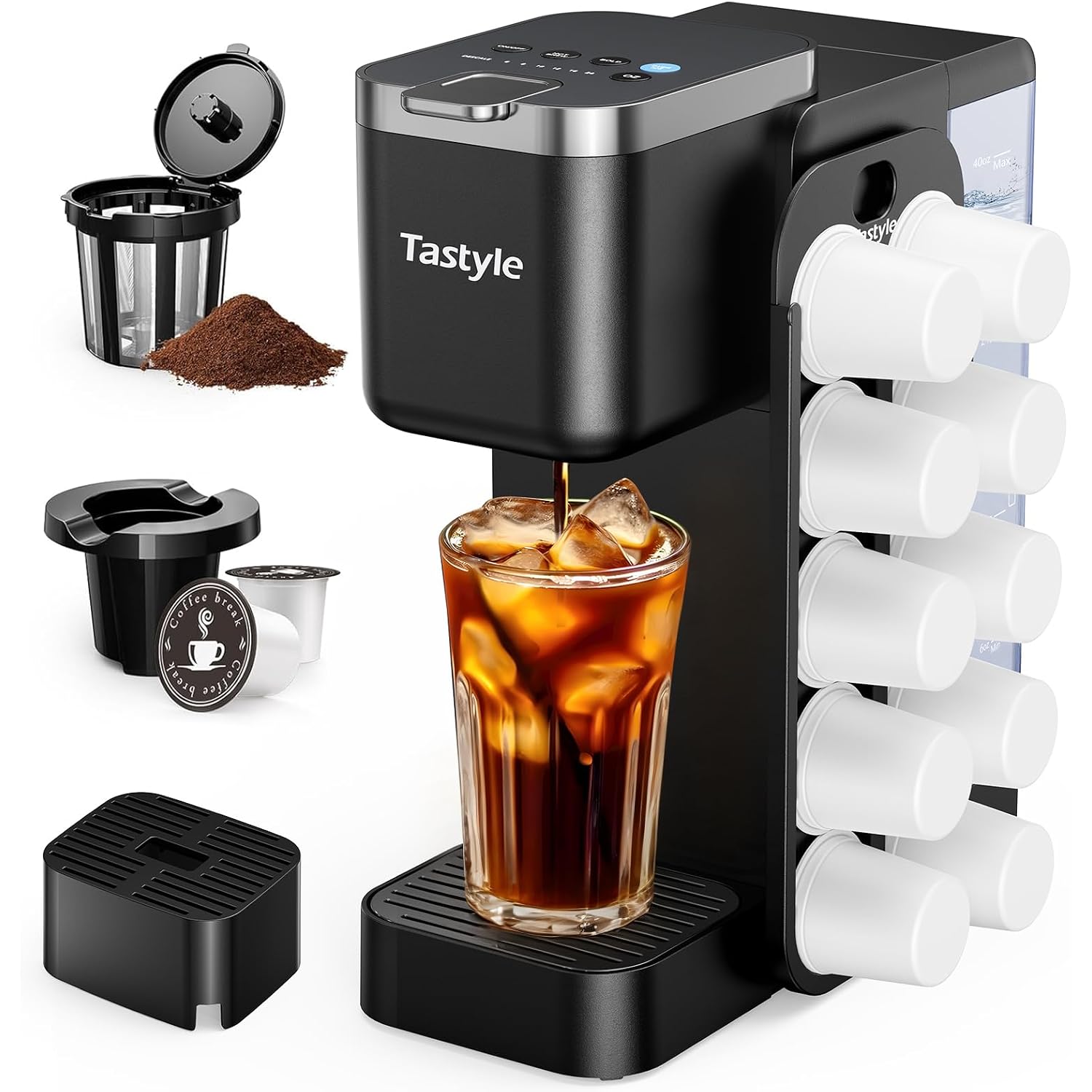 Tastyle Hot & Iced Coffee Maker With Magnetic K-Pod Organizer (Pods Not Included), Stores 10 Pods, 4-5 Cups Coffee Maker & Single-Serve Brewer For K Cup & Grounds, 40Oz Removable Water Tank, Black
