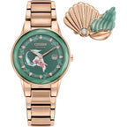Citizen Eco-Drive Ladies' Special Edition Disney Princess Ariel Making Waves My Way Faceted Crystal Watch And Pin Gift Set, Gold Stainless Steel Watch, Green Dial, 30Mm (Model: Ga1073-63W)