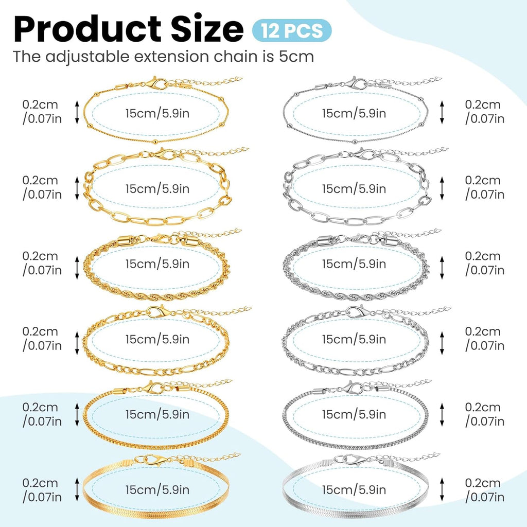 Gold Silver Ankle Bracelets for Women 12 Pcs Cuban Anklet Link Chain Set Multi-layered Wear Boho Bracelet Set Summer Beach Jewelry Accessories