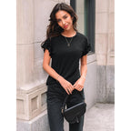 Womens Summer Trendy Tops Business Casual Short Sleeve Tshirts 2026 Cute Dressy Ruffle Crewneck Fashion Work Outfits