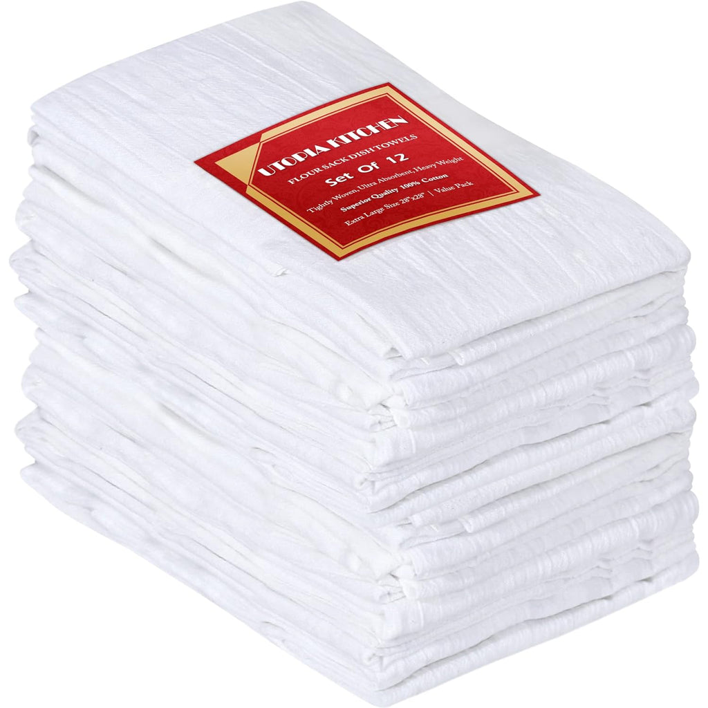 Utopia Kitchen White Flour Sack Towels [12 Pack - 28 x 28 Inch] 100% Cotton Tea Towels for Cleaning & Drying - Highly Absorbent Kitchen Dish Cloth
