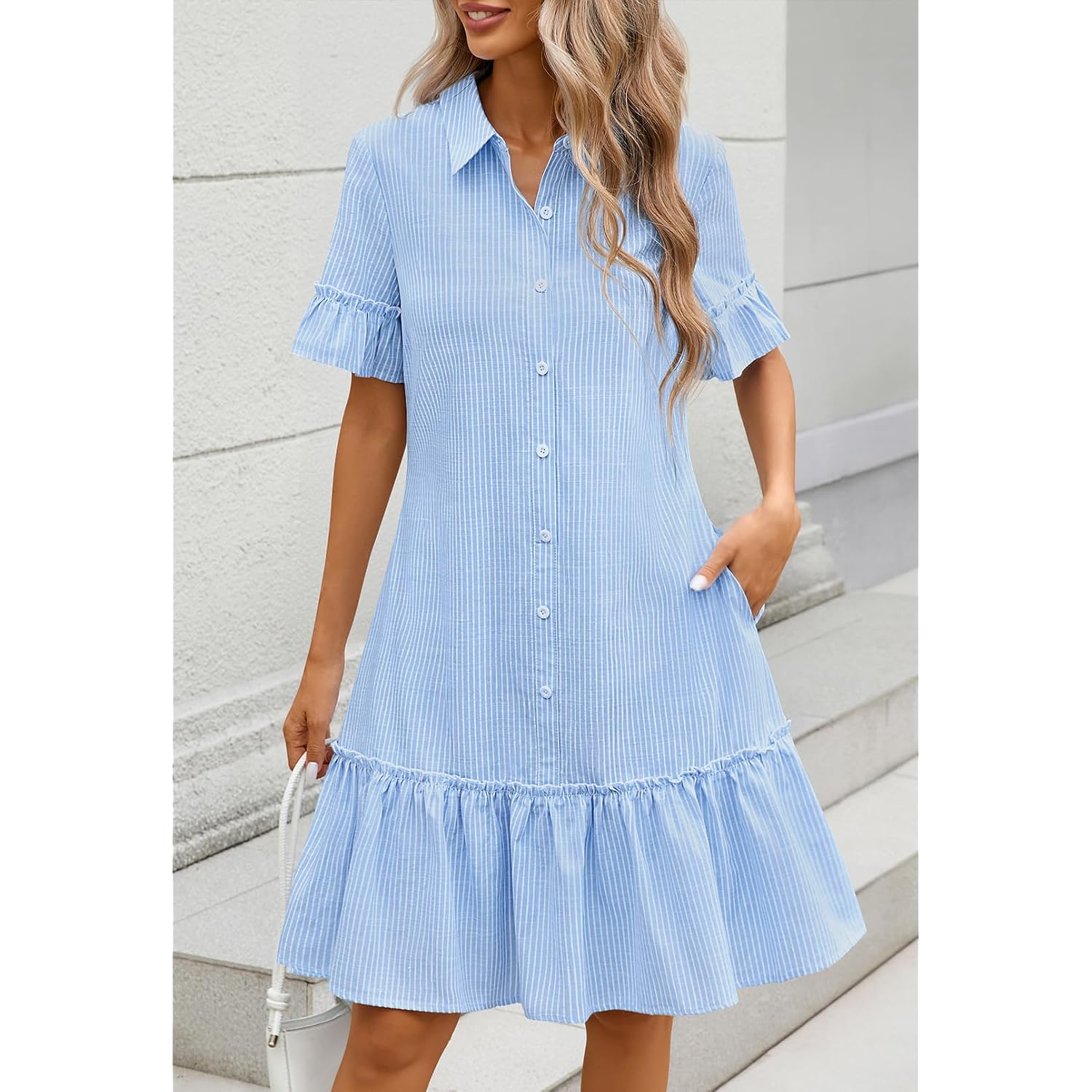 Merokeety Women'S 2026 Summer Casual Shirt Dress Button Down Ruffle Sleeve Shift Mini Dresses With Pockets