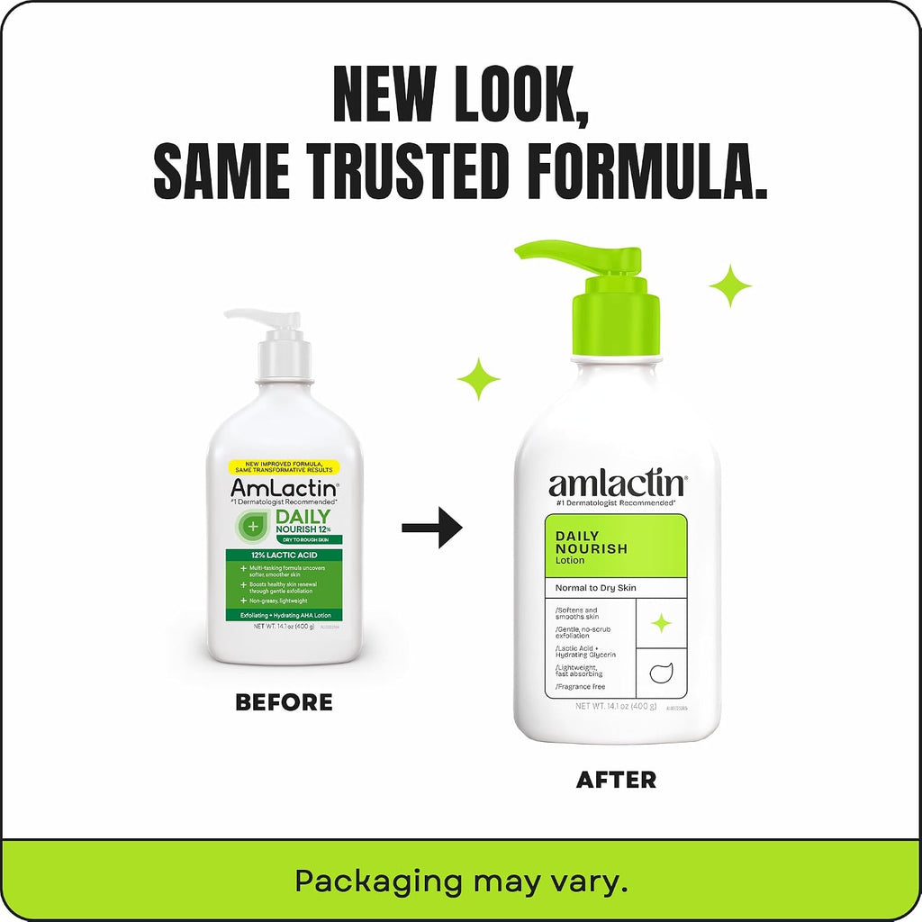 Amlactin Daily Nourish Therapeutic Body Lotion For Dry Skin - No-Scrub Exfoliator And Moisturizer 12% Lactic Acid Lotion, 14.1 Oz (Packaging May Vary)