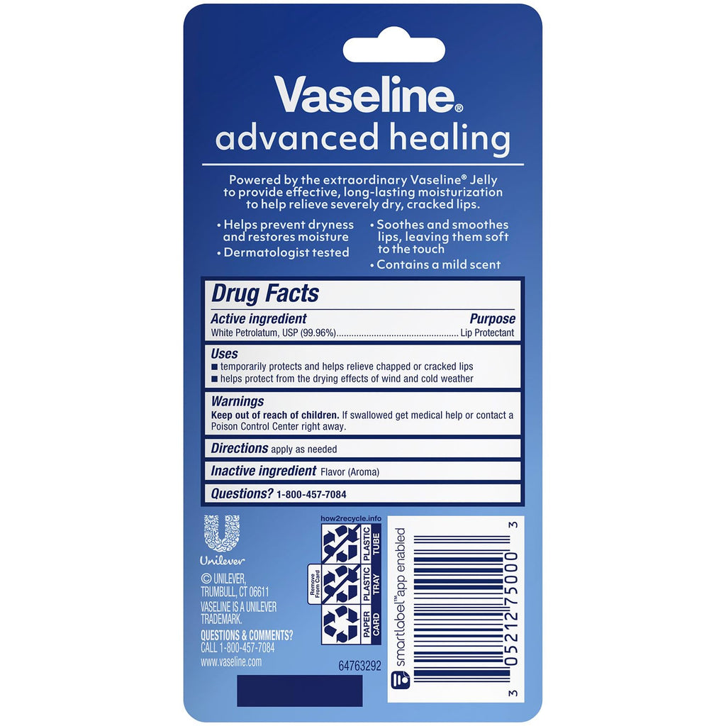 Vaseline Lip Therapy Advanced Healing 3-Pack – White Petroleum Moisturizing Lip Balm For Extremely Dry Lips, 0.35 Oz Ea