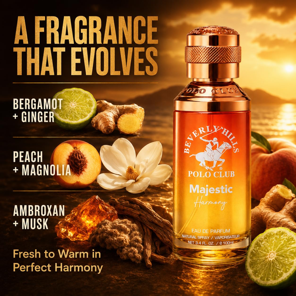 Beverly Hills Polo Club Majestic Harmony Eau De Parfum For Men 3.4 Fl Oz - Fresh Citrus & Ginger Cologne - Long-Lasting Bergamot, Ambroxan & Musk Scent - Ideal For Everyday & Special Occasions