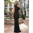 Isolde Women'S One Shoulder Mesh Ribbon Ruched Formal Maxi Dress | Built-In Bra, Cascading Tie, Mermaid Hem, Curve-Hugging Fit, Soft Lining, Stretch Fabric For Weddings, Proms And Celebrations