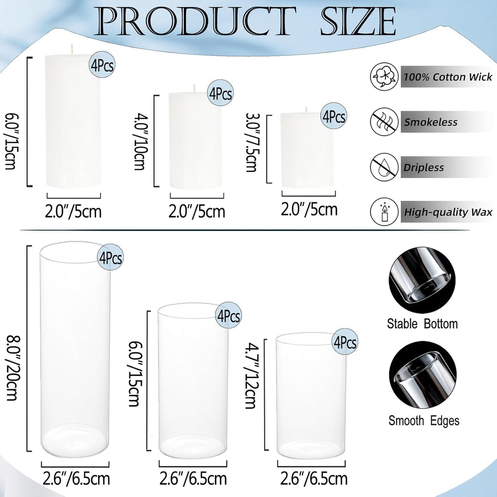 24 Pcs White Pillar Candles and Glass Candle Holders Cylinder Candle Vases for Pillar Candles Hurricane Candle Holders Set for Wedding Party, Event, Home Office Decor