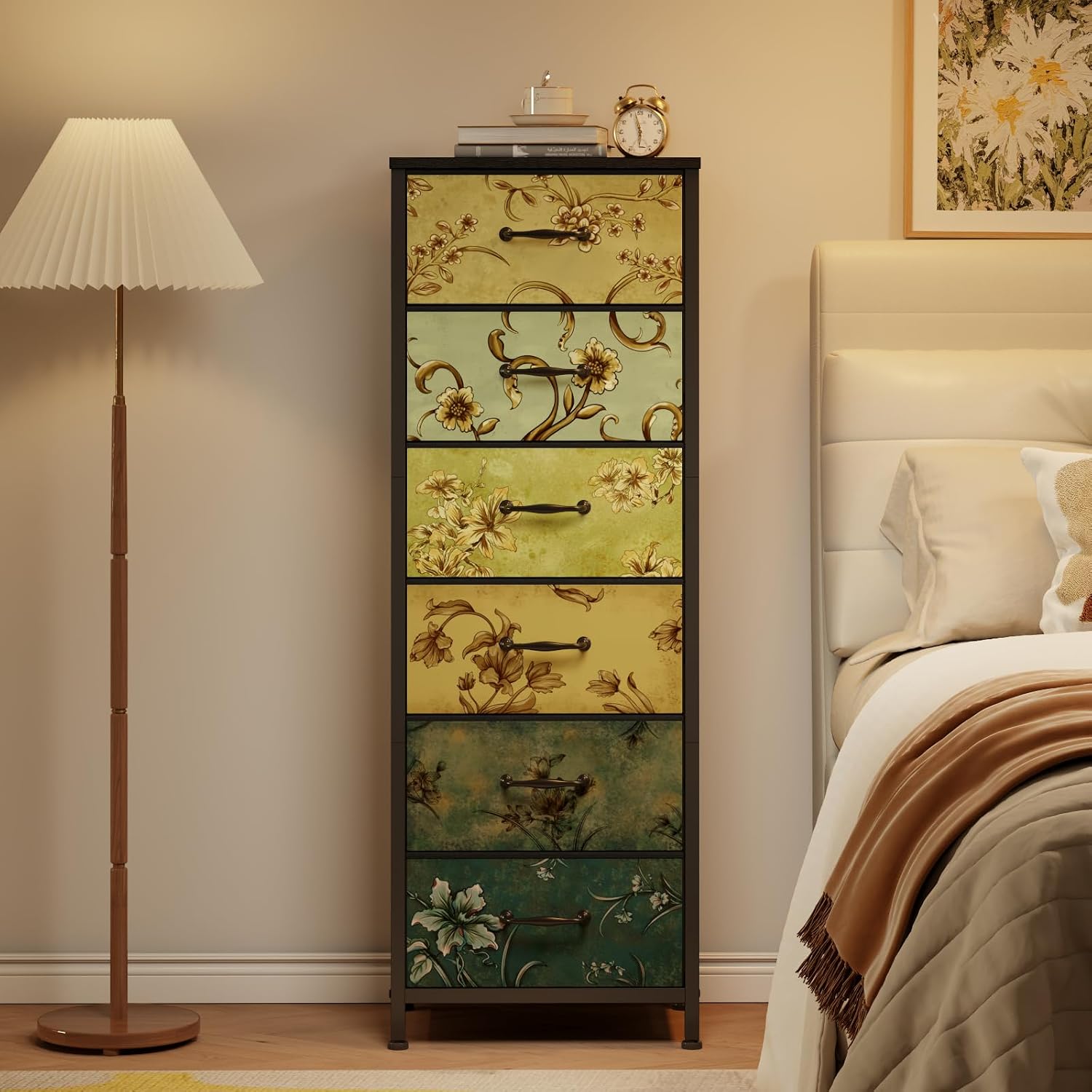 Tall 6 Drawers Dresser, Vintage Storage Organizer Unit With Fabric Bins For Bedroom, Living Room, Closet, Nusery, Dorm, Entryway, Bedside Furniture, Sturdy Metal Frame, Wood Top