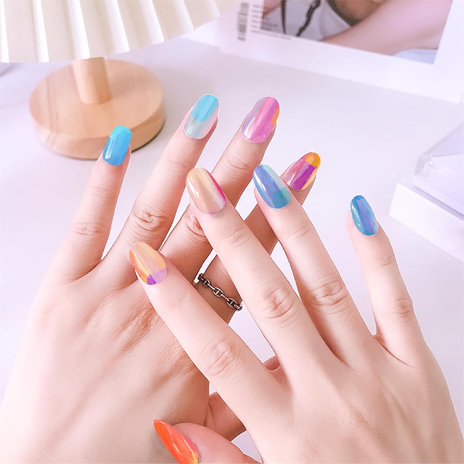 12 Sheets Aurora Gradient Color Nail Polish Strips Self-Adhesive Graffiti Cloud Rainbow Nail Stickers Full Nail Wraps for Women Kids Manicure Kit