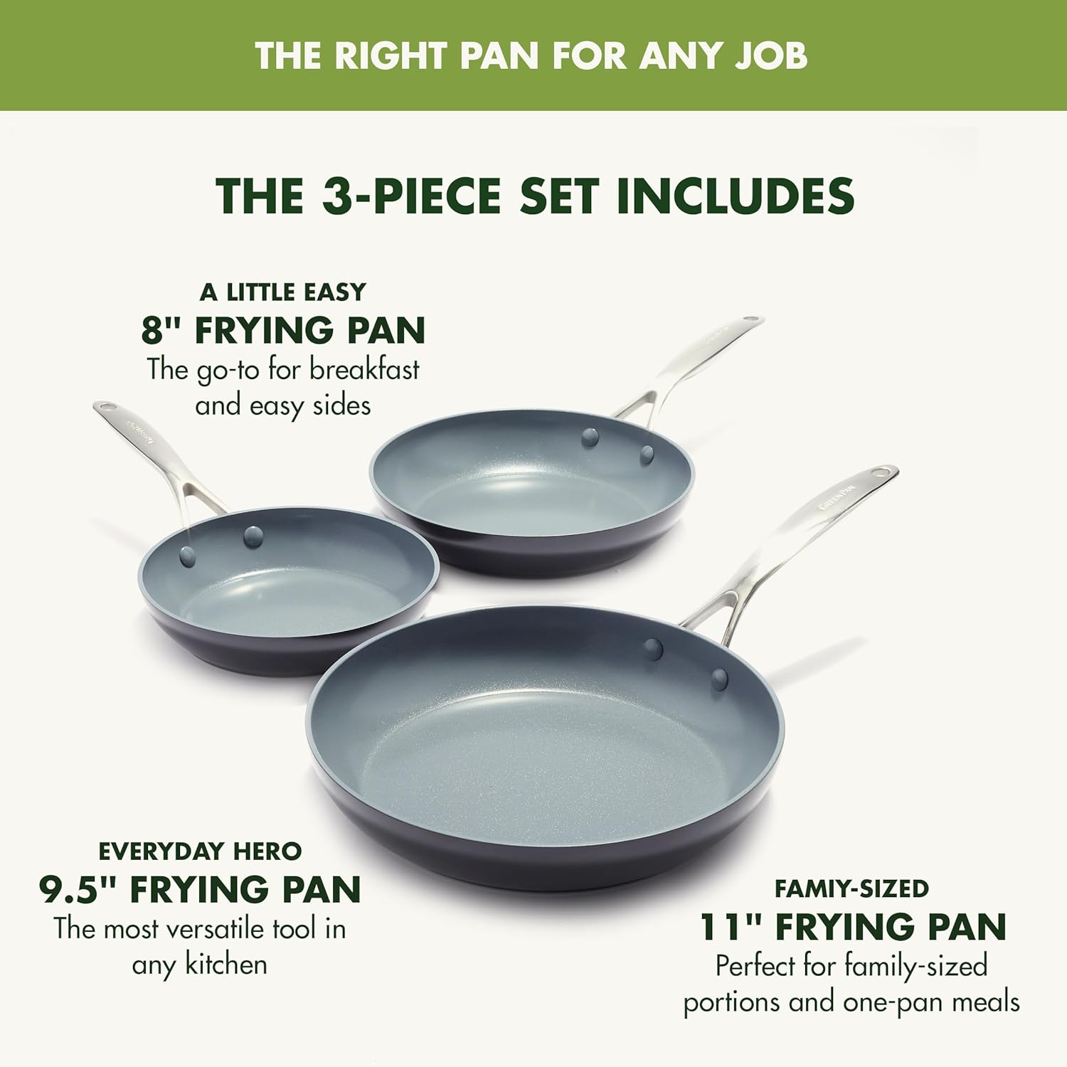 GreenPan Valencia Pro Ceramic Nonstick 8" 9.5" & 11" Fry Pan Skillet Set, Hard Anodized PFAS-Free, Induction Ready, Compatible on All Cooktops, Dishwasher Safe, Oven Safe to 600F, Gray