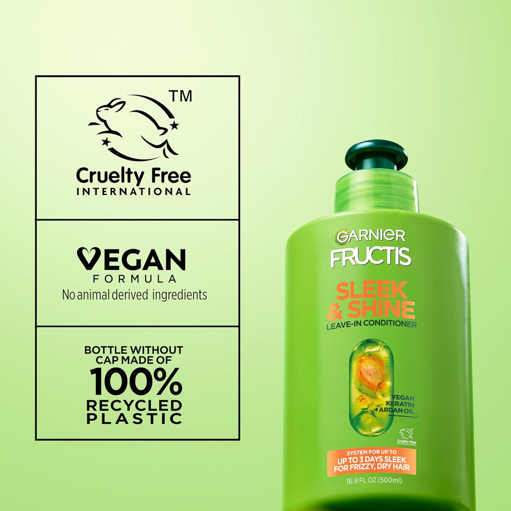 Garnier Fructis Sleek and Shine Intense Smooth Leave In Conditioner, Conditioning Hair Cream for Frizzy, Dry Hair, Plant Keratin + Argan Oil, 10.2 Fl Oz (Pack of 2)