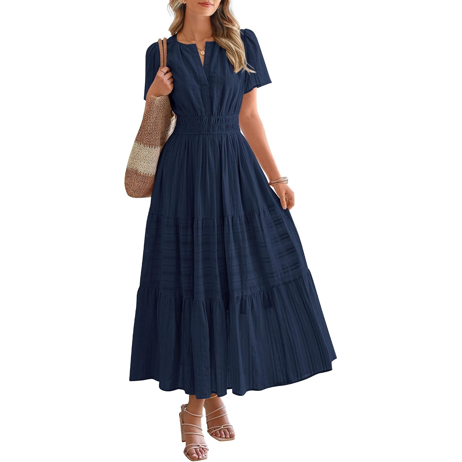 Btfbm Womens Summer 2026 Casual Midi Maxi Dresses Lightweight Short Sleeve V Neck Elastic Waist Boho Beach Dress Pockets
