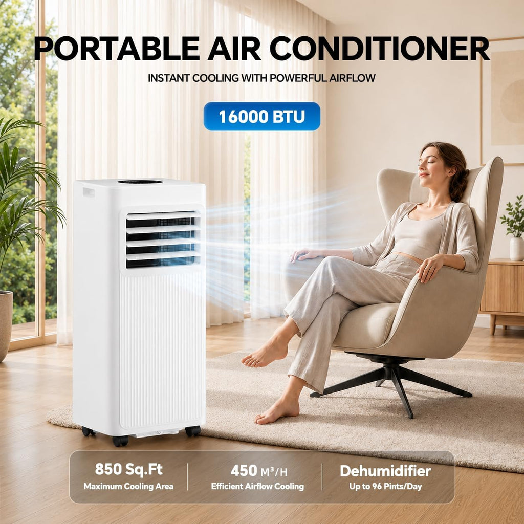 Portable Air Conditioners, 16000 Btu 5-In-1 Air Conditioner Portable With Smart Wifi & Remote, Cools Up To 850 Sq.Ft, Portable Ac Unit With Cool, Fan, Dehumidifier, Sleep, 24H Timer, Installation Kit