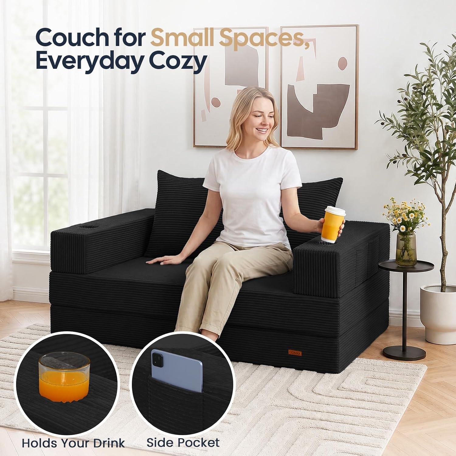 Comax Futon Sofa Bed, Convertible Sofa Bed, Folding Boneless Couches