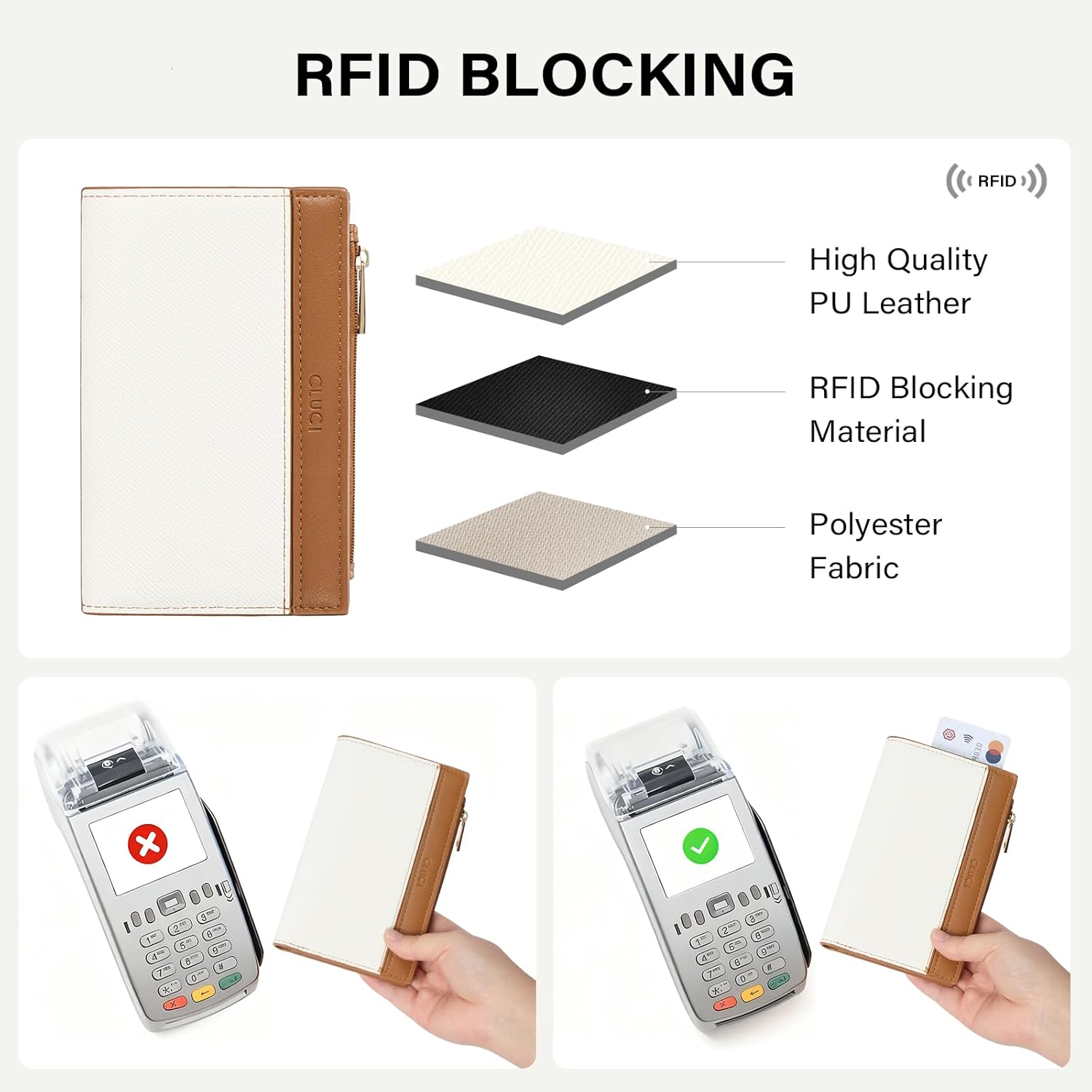 CLUCI RFID Wallet Women PU Leather Small Women Wallet Blocking Bifold Ladies Wallet Credit Card Holder Beige with Brown