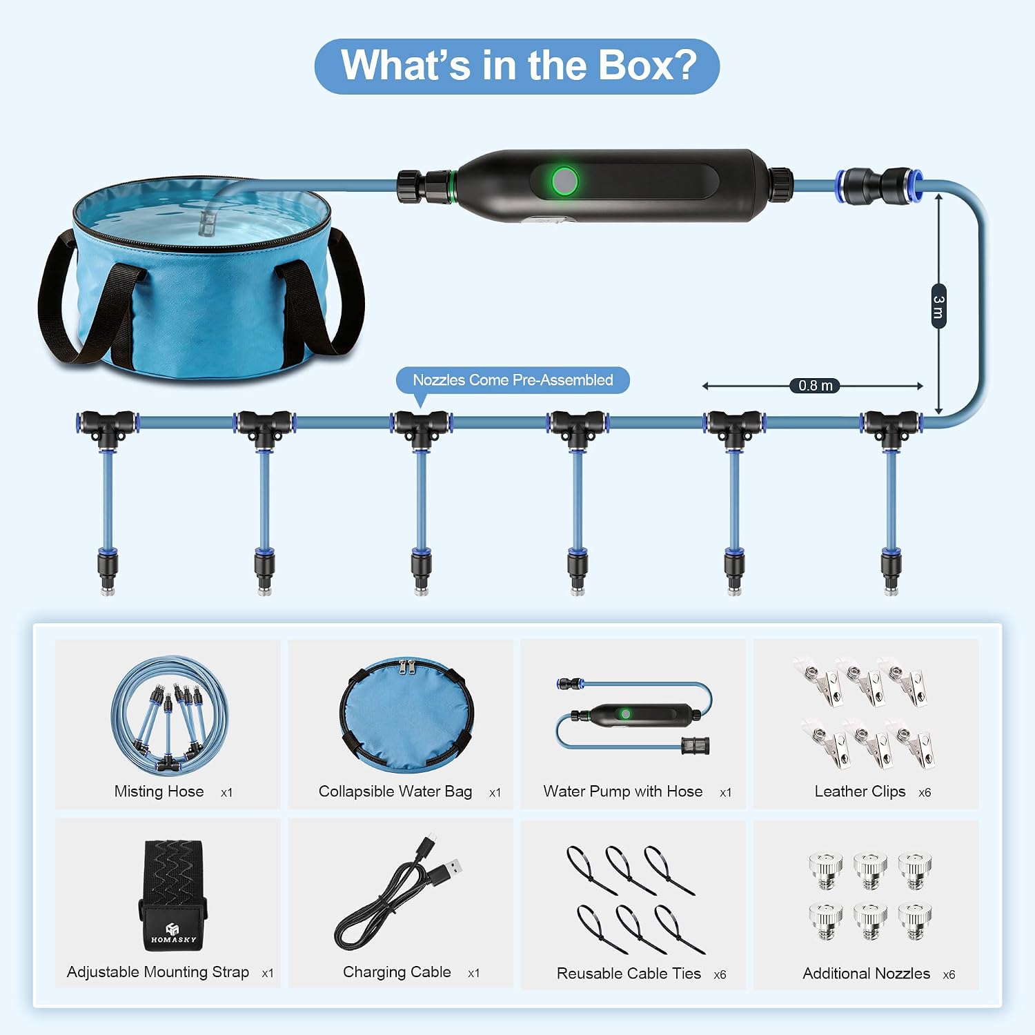 Portable Misting System For Outdoor Cooling, 23 Ft Misters For Outside Patio With Rechargeable Pump, 30L Water Bag, 6 Adjustable Nozzles For Tent, Canopy, Backyard, Umbrella And Camping