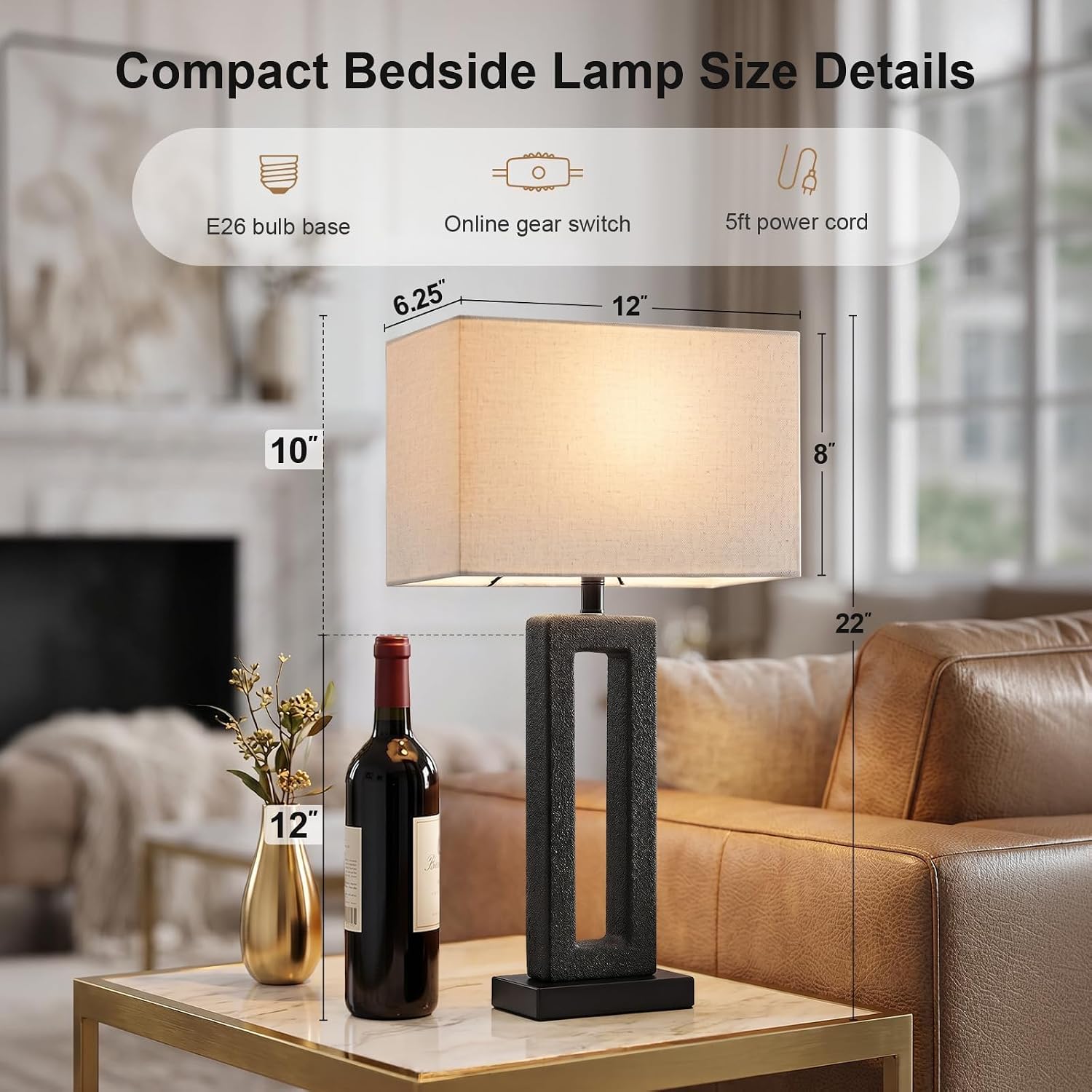 22" Matte Black Textured Ceramic Table Lamps Set Of 2, Modern Bedside Lamps With Linen Shade, 5Ft Cord Inline Rotary Gear Switch E26 Nightstand Lamp For Bedroom Living Room Entryway Decor
