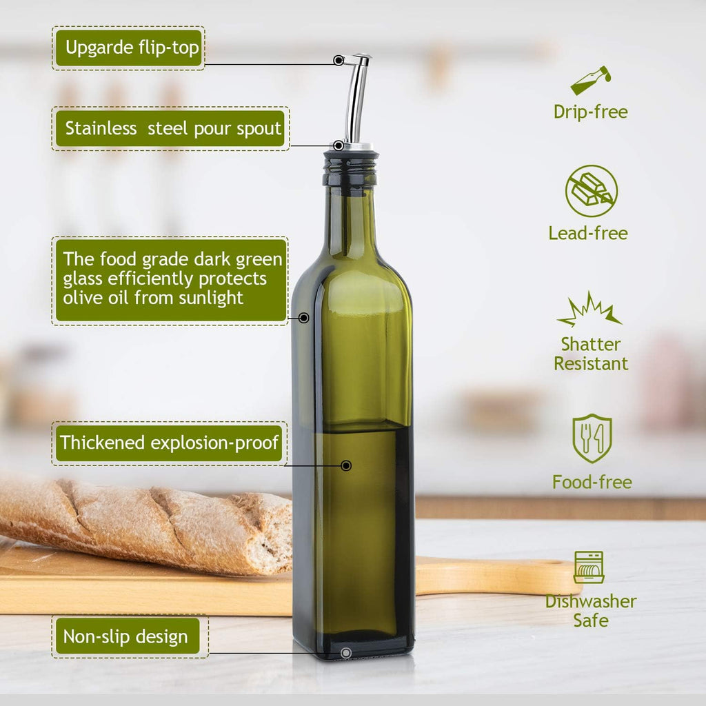 Aozita 17Oz Glass Olive Oil Bottle Dispenser - 500Ml Green Oil And Vinegar Cruet With Pourers And Funnel - Olive Oil Carafe Decanter For Kitchen