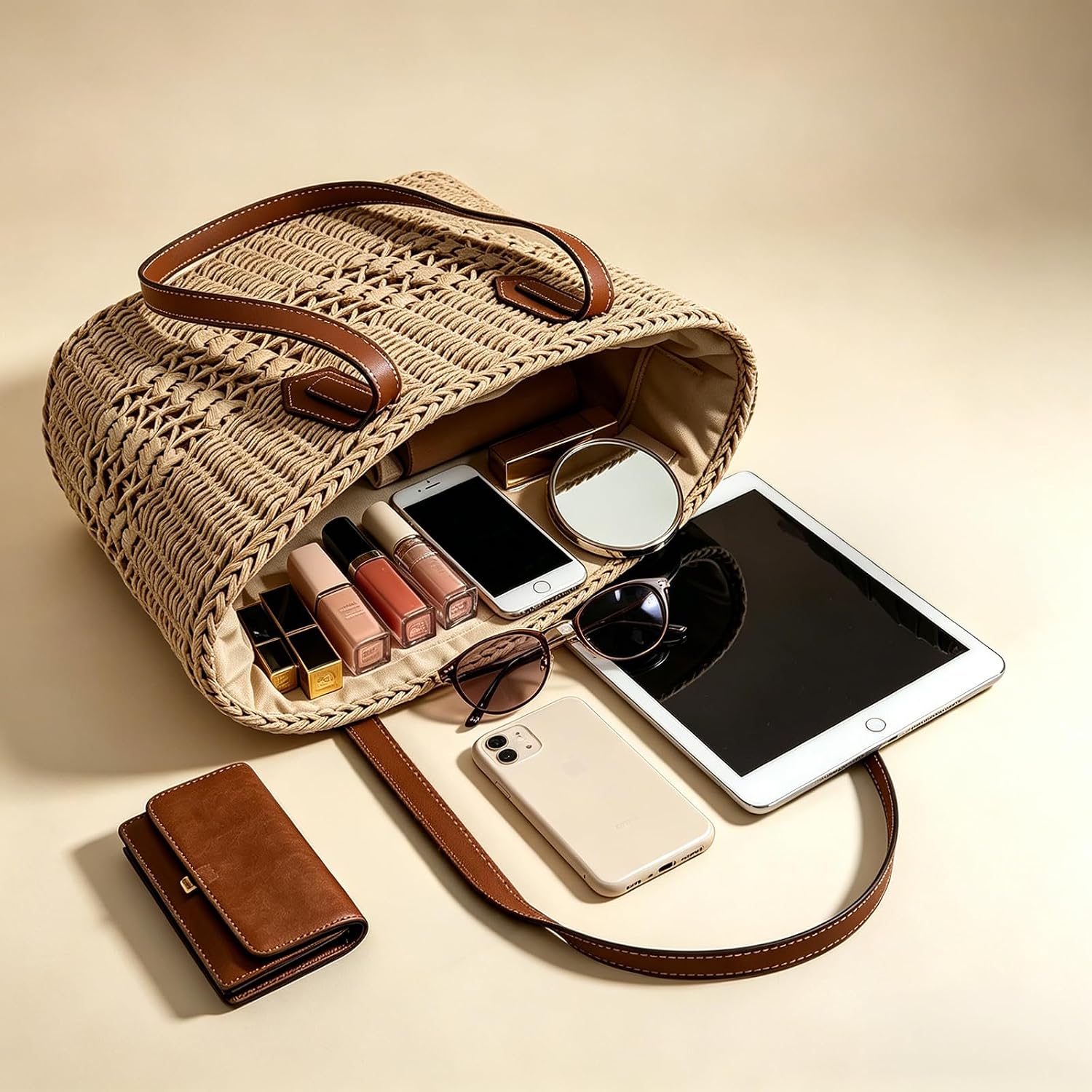 Straw Tote Bag Woven Beach Bag For Women, Large Capacity Summer Shoulder Boho Handbag Vacation