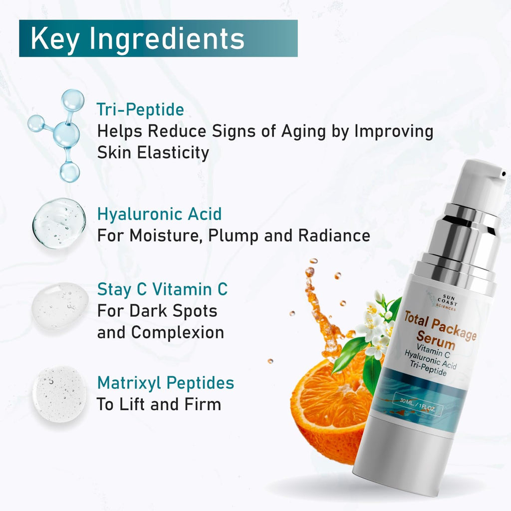 Sun Coast Sciences - Total Package Serum - Vitamin C Serum With Hyaluronic Acid & Peptides For Face - Hydrating Anti Aging Face Serum For Smoother, Firmer Looking Skin - 1 Fl Oz (Pack Of 1)