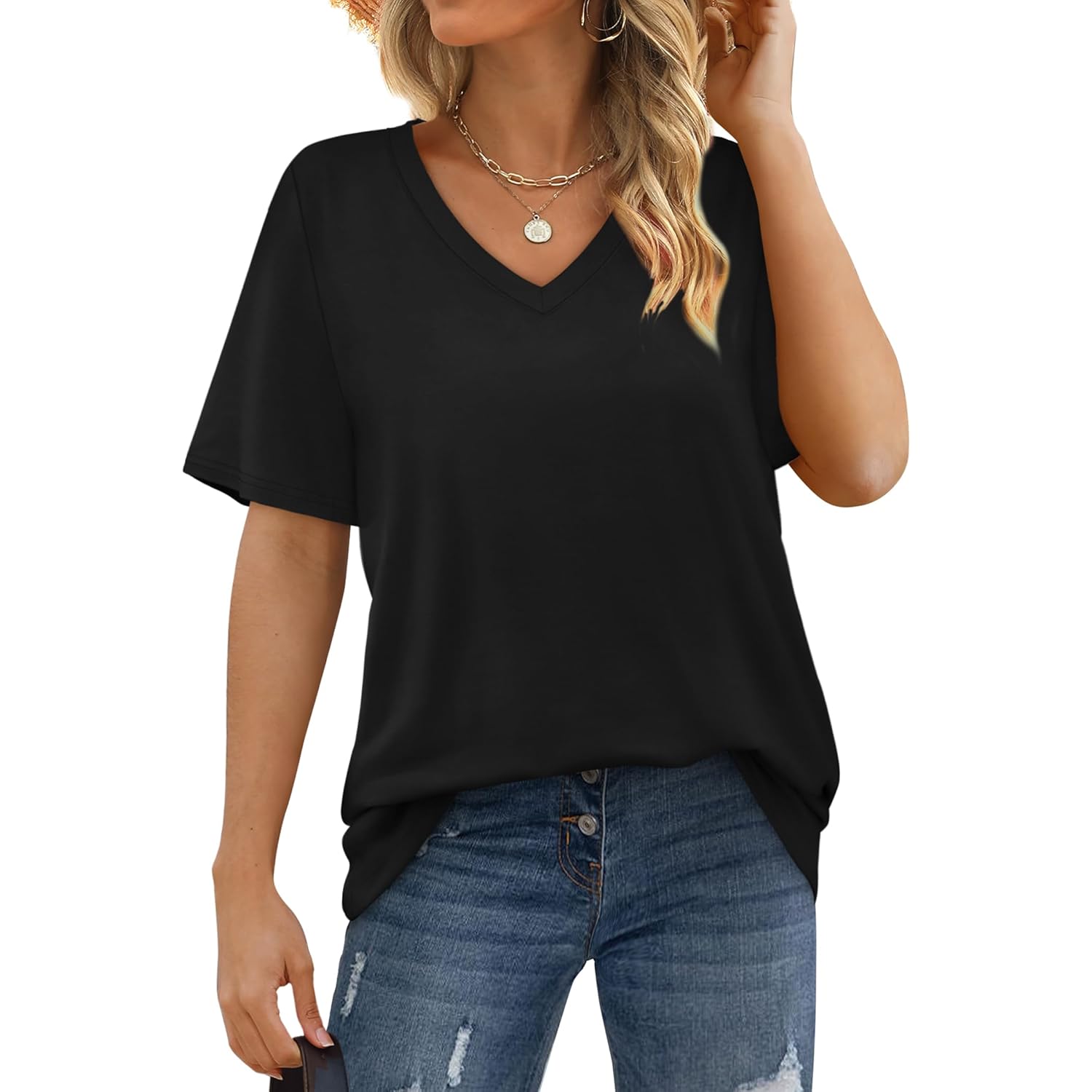 Womens V Neck Short Sleeve T Shirts Summer Tops 2026 Casual Loose Tees Trending Now S-4XL