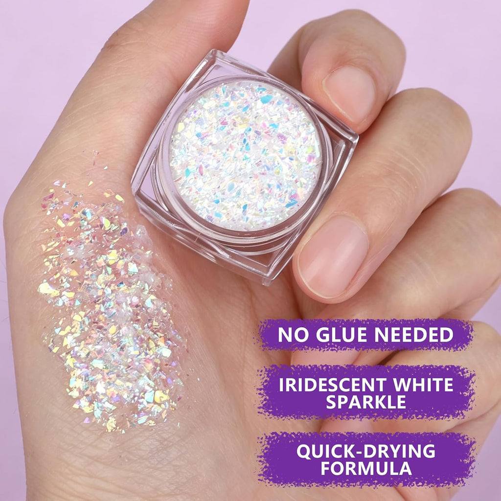 Teenitor Body Glitter With Face Gems Stickers Set, 12 Pots Iridescent White Face Glitter Hair Glitter Gel & 4 Sheets Hair Jewelry For Kids Makeup, Hair Gems & Pearls Mermaid Accessories For Rave