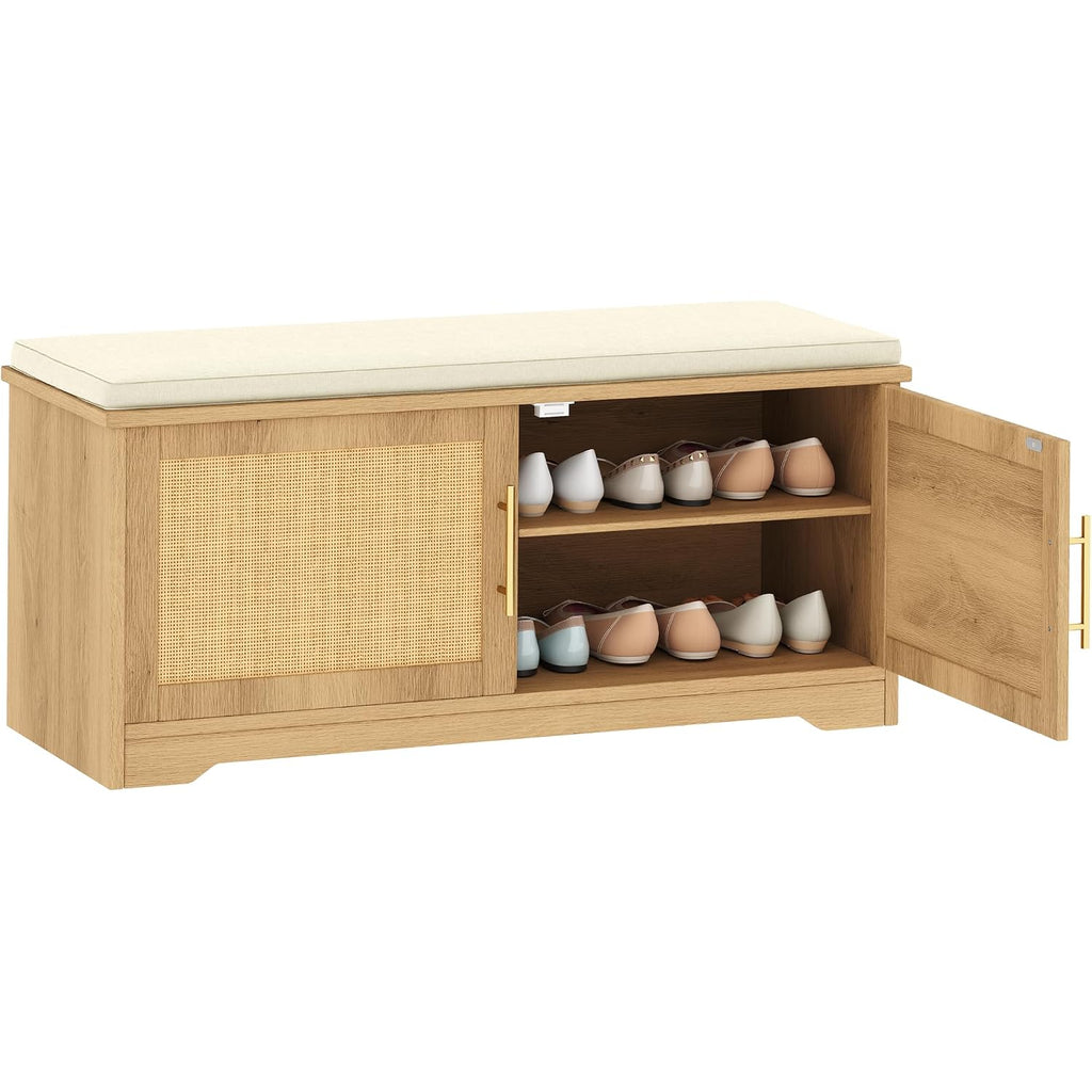 Rattan Shoe Storage Bench, 39.4" Wide Entryway Bench, Natural Oak | Hidden Shoe Organizer Cabinet With Cushion, Shoe Rack Bench With Adjustable Shelves, For Hallway Living Room, Natural Oak