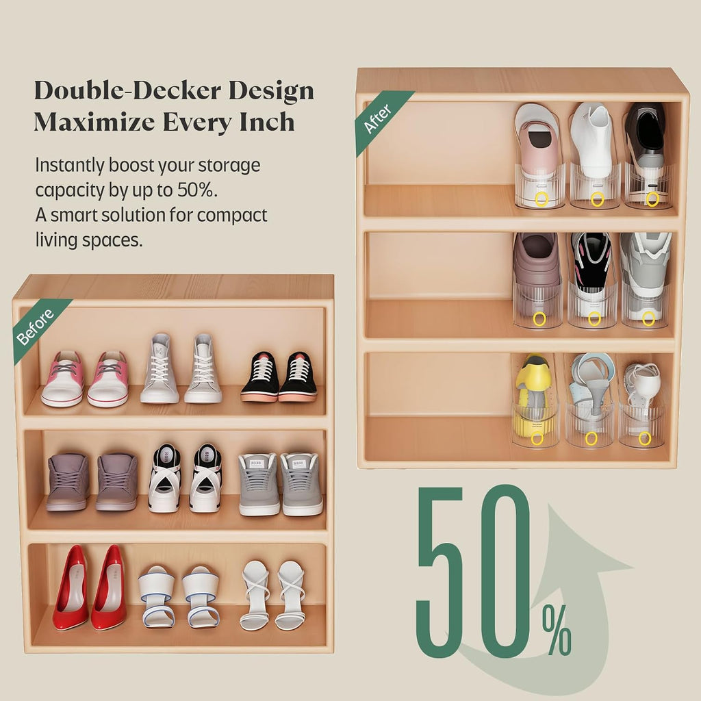 Clear 10 Pack Shoe Slot Organizer, Shoe Stacker Organizer Holders For A Pair Of Shoes, Adjustable Thickening Double Layer 50% Shoe Space Saver Rack Storage For Closet (Clear, 10 Pack)