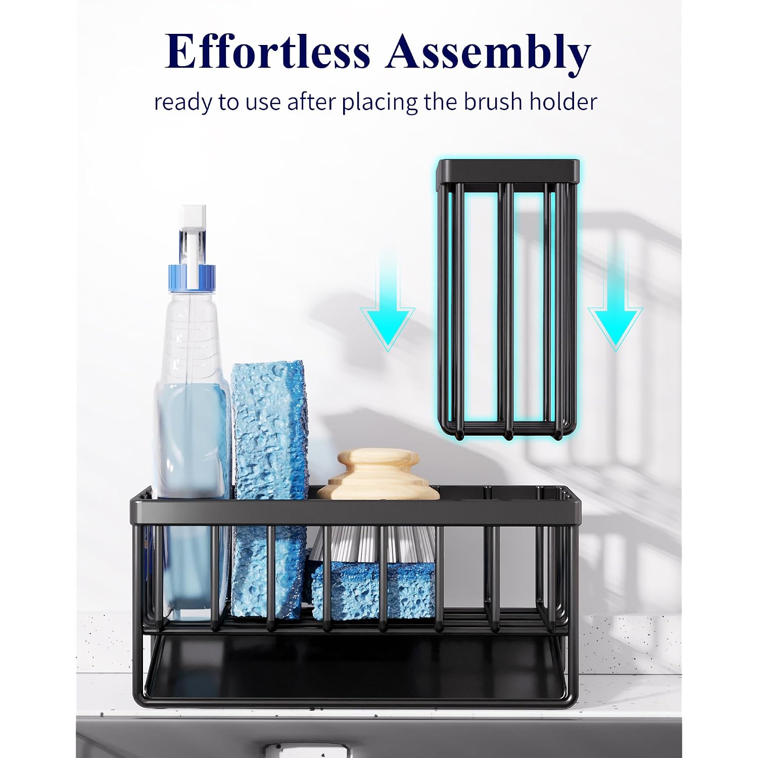 Kitsure Sponge Holder For Kitchen Sink - Rustproof Stainless Steel Sink Caddy Organization And Storage Essentials With High Brush Holder, Home Decor Accessories, 7.9" X 3.7" X 6.2", Black