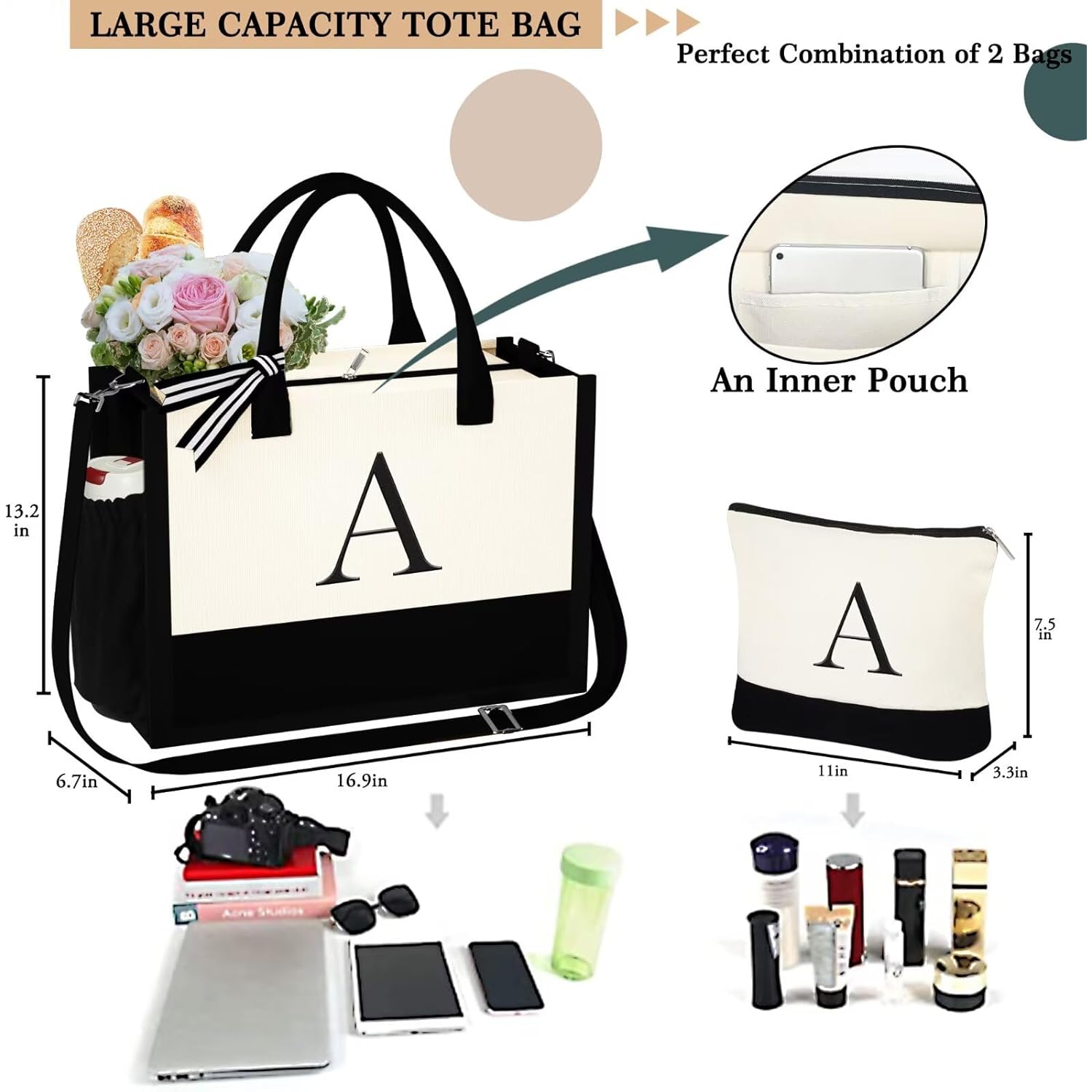 YOOLIFE Birthday Gifts for Women - Initial Canvas Tote Bag & Makeup Bag Monogrammed Beach Bag for Women Mom Sister Friends