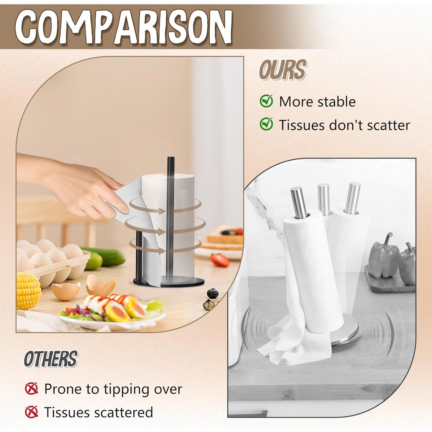 Paper Towel Holder Countertop, Premium Stainless Steel Black Paper Towel Holder with Anti Slip & Waterproof, Freestanding Countertop Paper Towels Holder for Kitchen, Tabletop, Bathroom