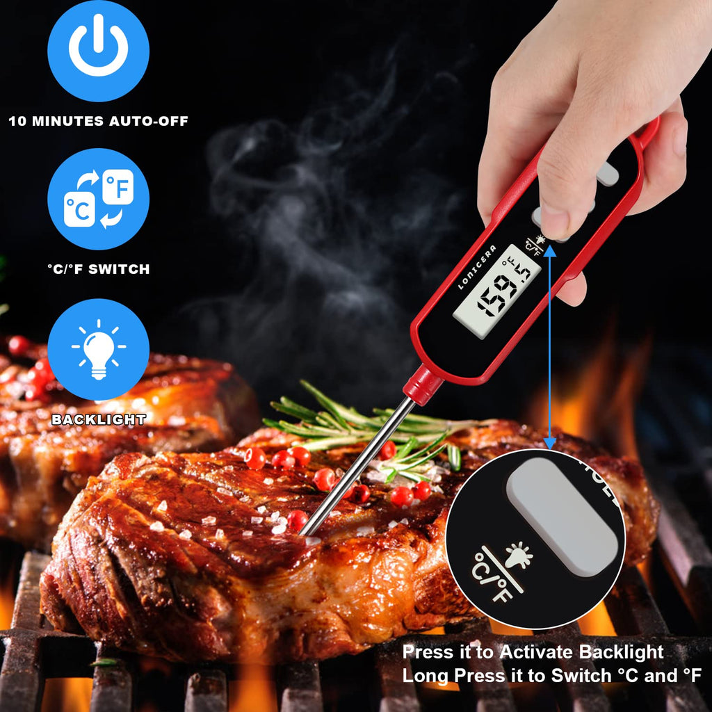 Lonicera Digital Cooking Thermometer For Bread, 5-Inch Probe, Red | 2–3 Second Instant Read, Ipx6 Waterproof, Backlit Display, ±2°F Accuracy, For Bread, Dough, Liquids, Water And Meat