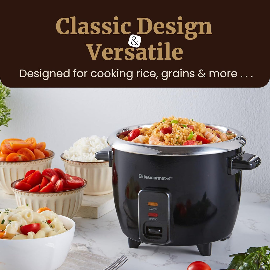 Elite Gourmet ERC006SS 6-Cup Electric Rice Cooker with Stainless Steel Inner Pot, Makes Soups, Stews, Porridges, Grains and Cereals, 6 cup (3 cups uncooked), Black