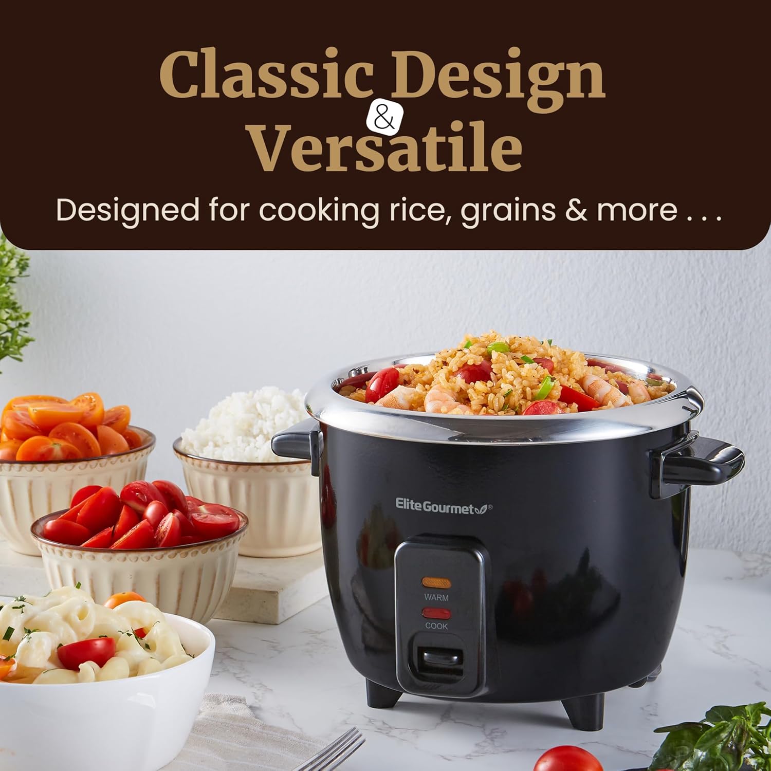 Elite Gourmet ERC006SS 6-Cup Electric Rice Cooker with Stainless Steel Inner Pot, Makes Soups, Stews, Porridges, Grains and Cereals, 6 cup (3 cups uncooked), Black