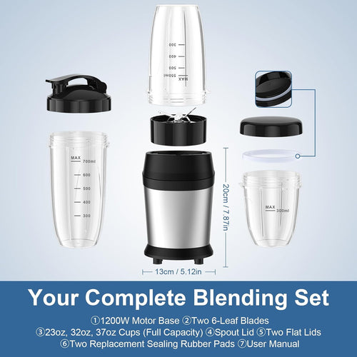 12-Piece Smoothie Blender Maker 25,000 Rpm Personal Blender For Ice Crushing Smoothies & Frozen Drinks Nuts With 23Oz, 32Oz, 37Oz Portable Cups Two 6-Leaf Stainless Steel Blades, Silver