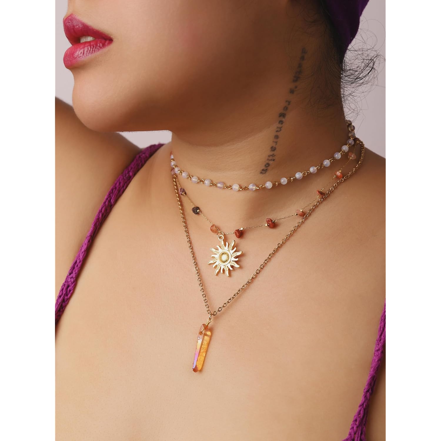 Sacina Layered Crystal Sun Necklace, Gothic Boho Hippie Summer Beach Necklace, Boho Hippie Jewelry, Christmas Jewelry Gift for Women