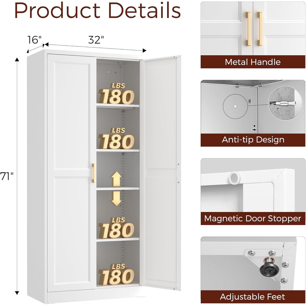 71" Tall Metal Pantry Cabinet, White Kitchen Pantry Storage Cabinet With 4 Adjustable Shelves And Gold Handles, Cupboard For Kitchen, Dining Room, Living Room, Bathroom