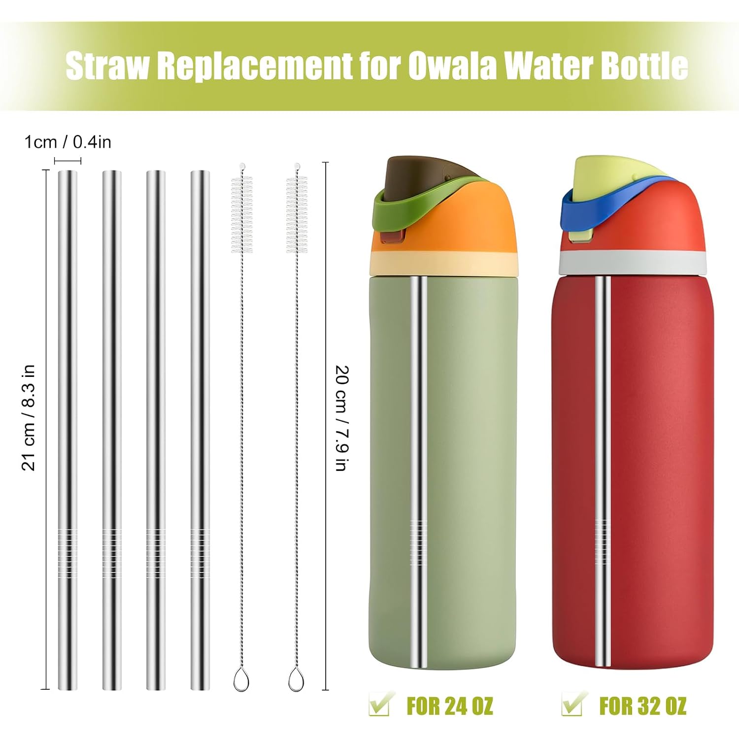Metal Straw Replacement For Owala Water Bottle 24 Oz 32 Oz Accessories, With 2 Straw Cleaner, Reusable Stainless Steel Straws Compatible With Owala Water Bottle - 4Pcs