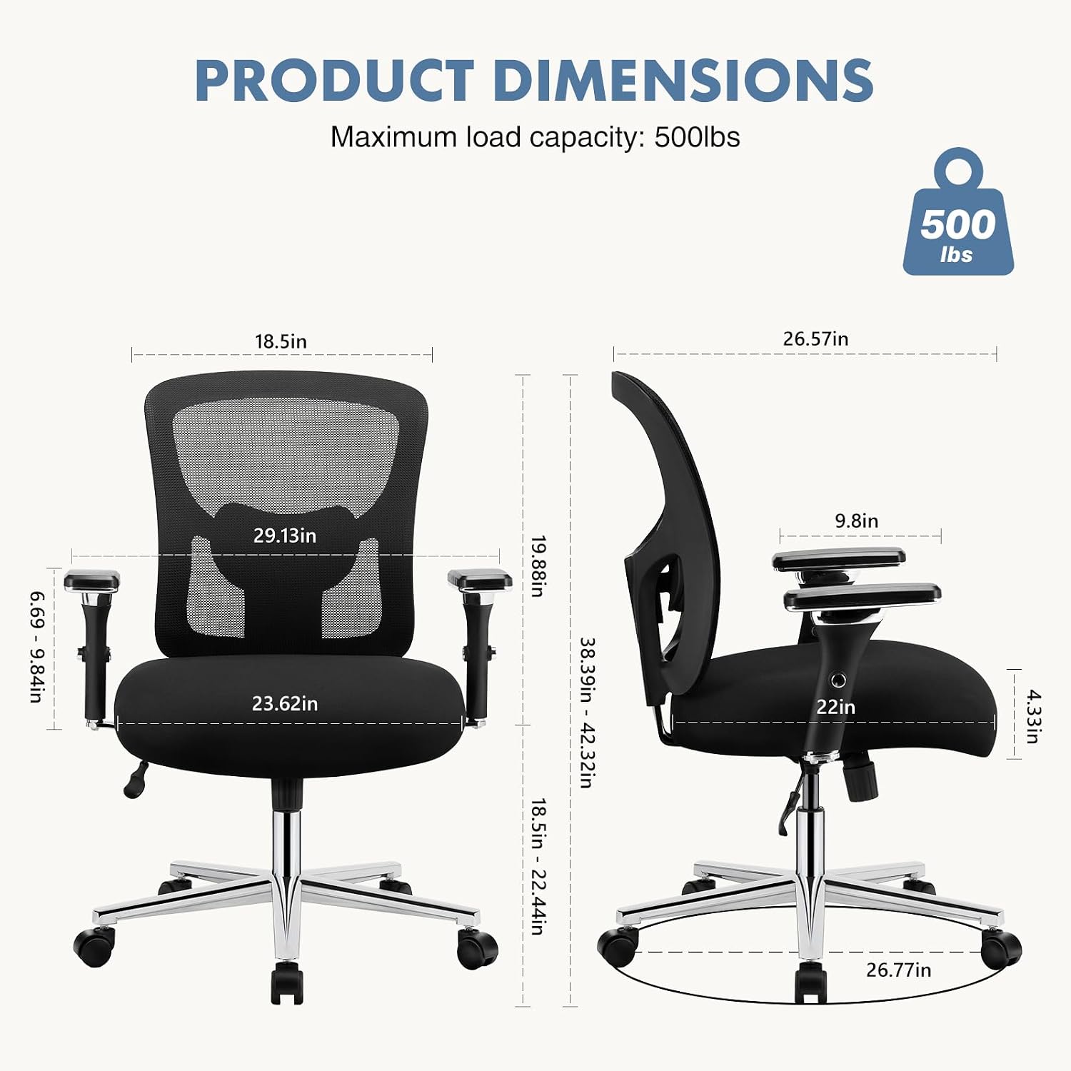 Dumos Big And Tall Office Desk Chair With Lumbar Support, 500Lbs Heavy Duty Mesh Ergonomic Computer Chair With 4D Armrest And Wide Comfy Seat, Swivel Wheels For Adult, Black